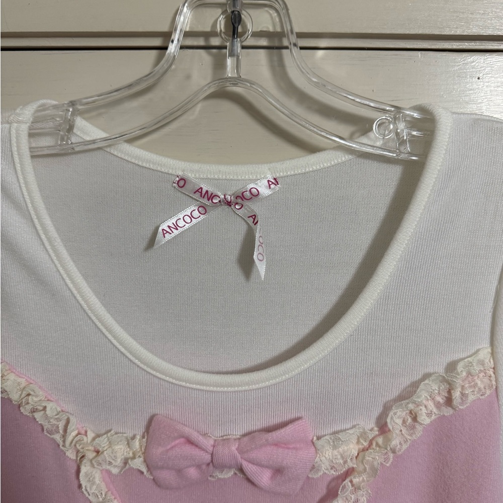 Ancoco pretty pink bow ruffle lace shirt sleeve top - Picture 8 of 8